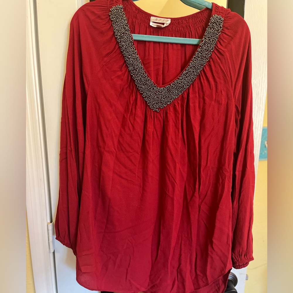 M.S.S.P. Red embellished tunic with silver beading size L